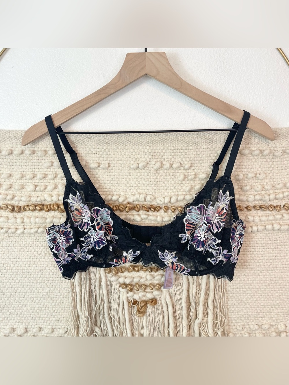 Savage x Fenty Sheer Black Floral Embroidered Lace Bralette 36D